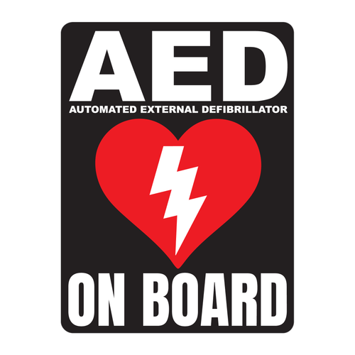AED Automated External Defibrillator decal, AED On Board reflective vinyl decal, black color background with white text and AED Heart/Electricity logo