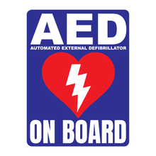 Load image into Gallery viewer, Automated External Defibrillator decal, AED On Board reflective vinyl decal, blue color background with white text and AED Heart/Electricity logo