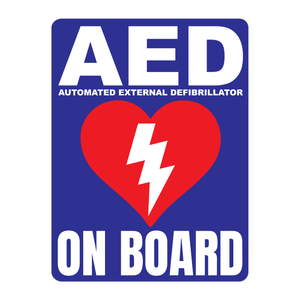 Automated External Defibrillator decal, AED On Board reflective vinyl decal, blue color background with white text and AED Heart/Electricity logo