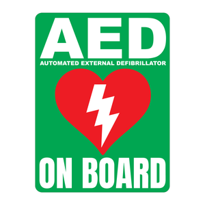Automated External Defibrillator decal, AED On Board reflective vinyl decal, green color background with white text and AED Heart/Electricity logo