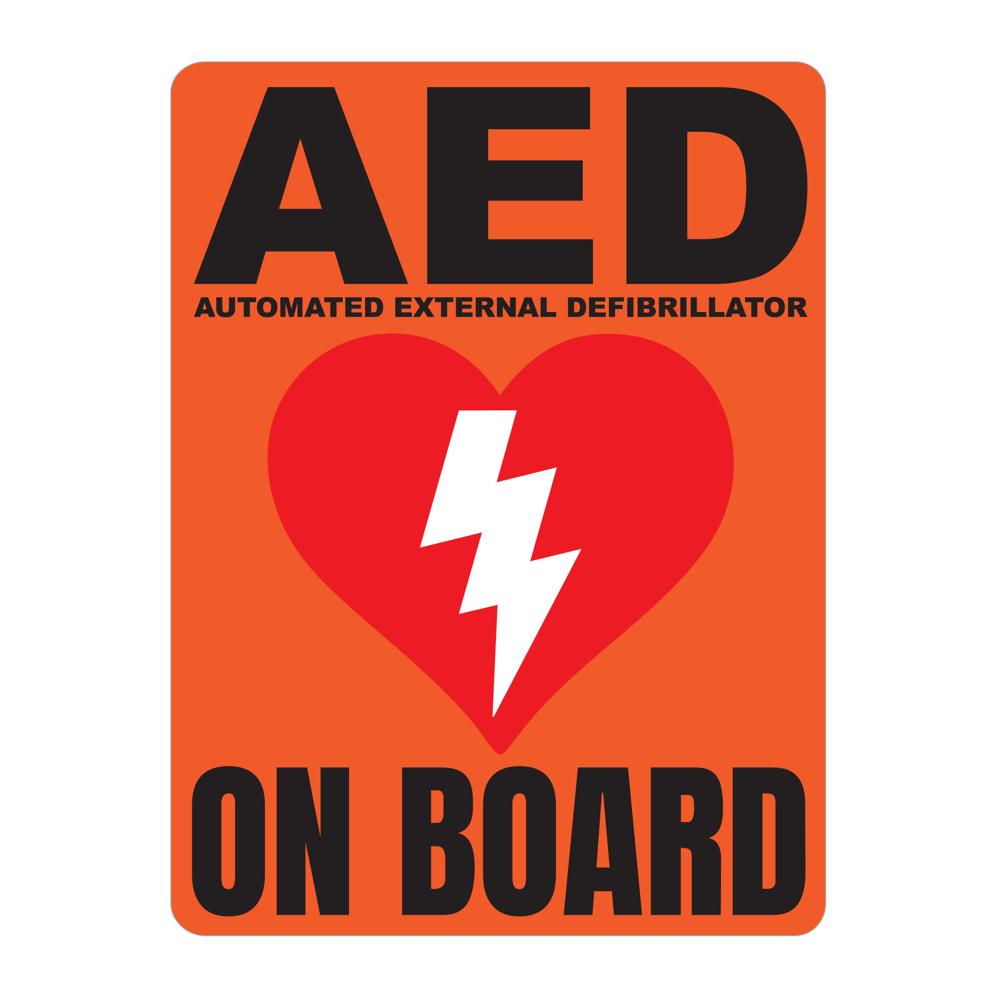 Automated External Defibrillator decal, AED On Board reflective vinyl decal, orange color background with white text and AED Heart/Electricity logo