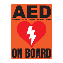 Load image into Gallery viewer, Automated External Defibrillator decal, AED On Board reflective vinyl decal, orange color background with white text and AED Heart/Electricity logo
