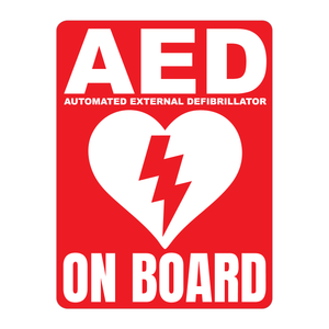 Automated External Defibrillator decal, AED On Board reflective vinyl decal, red color background with white text and AED Heart/Electricity logo