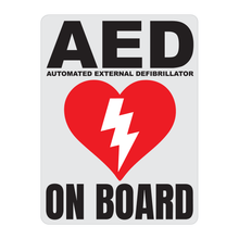 Load image into Gallery viewer, Automated External Defibrillator decal, AED On Board reflective vinyl decal, white color background with black text and AED Heart/Electricity logo
