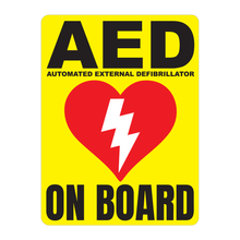 Load image into Gallery viewer, Automated External Defibrillator decal, AED On Board reflective vinyl decal, yellow color background with white text and AED Heart/Electricity logo
