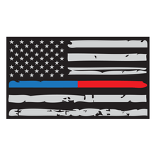 Load image into Gallery viewer, Thin Red + Blue Line Distressed American Flag Reflective Vinyl Decal