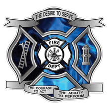 Load image into Gallery viewer, Blue Fire Desire To Serve Maltese Cross Reflective Decal