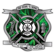 Load image into Gallery viewer, Green Fire Desire To Serve Maltese Cross Reflective Decal