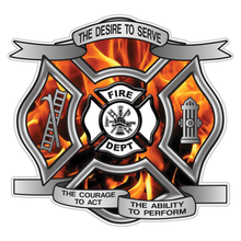 Load image into Gallery viewer, Orange Fire Desire To Serve Maltese Cross Reflective Decal