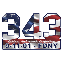 Load image into Gallery viewer, 9-11-01 FDNY 343 Wavy American Flag Commemorative Vinyl Decal