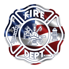 Load image into Gallery viewer, Reflective Vinyl Maltese Cross Firefighter Helmet Decal, Wavy USA Flag background, die cut vinyl reflective decal