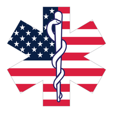 Load image into Gallery viewer, Reflective Vinyl Firefighter EMT EMS Star Of Life Decal, Standard USA Flag Background and Snake And Rod Design