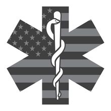 Load image into Gallery viewer, Reflective Vinyl Firefighter EMT EMS Star Of Life Decal, Subdued USA Flag Background and Snake And Rod Design