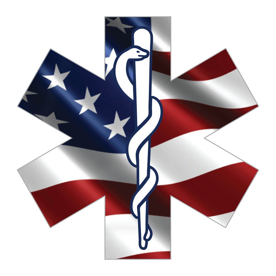 Reflective Vinyl Firefighter EMT EMS Star Of Life Decal, Wavy USA Flag Background and Snake And Rod Design